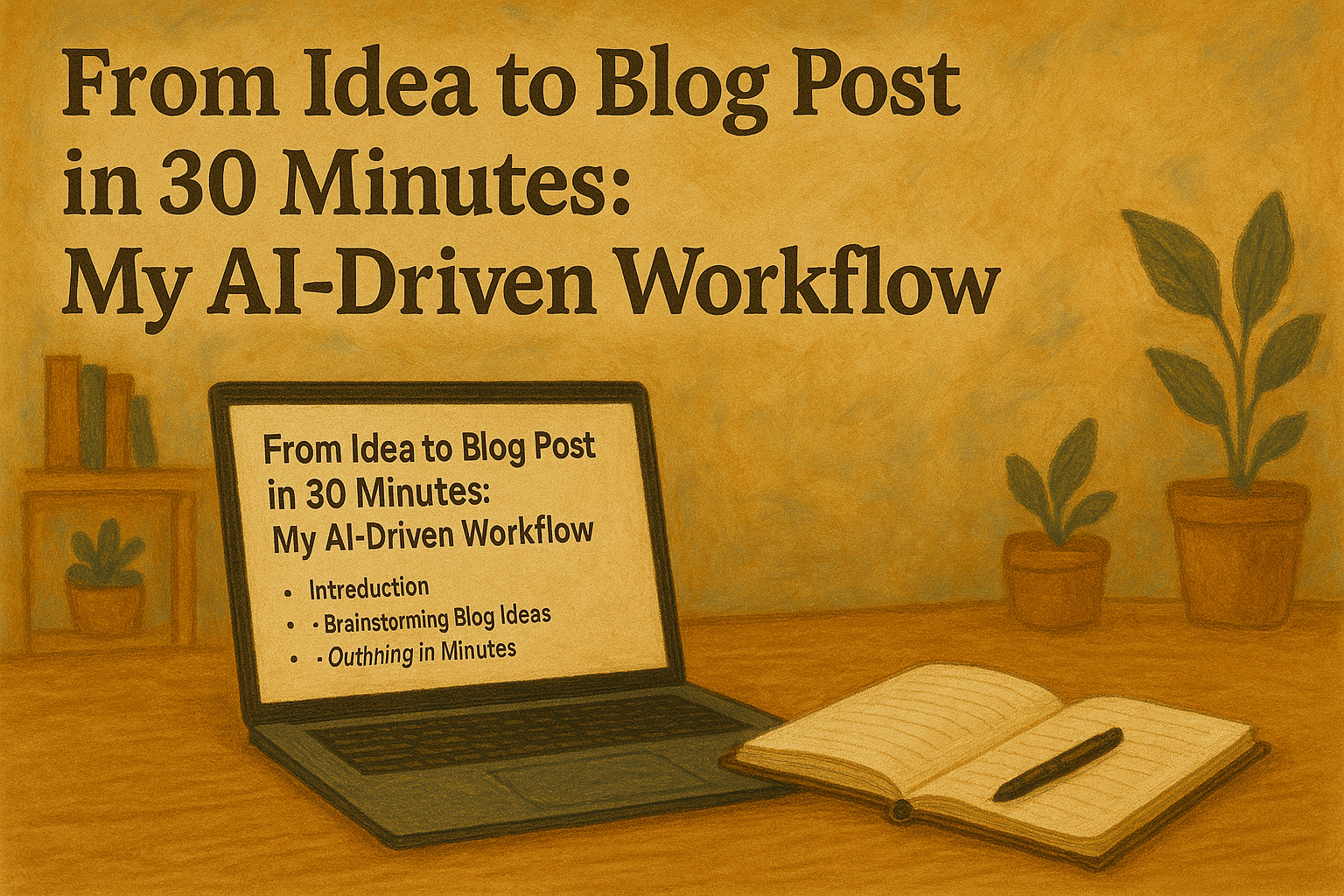 AI blogging workflow illustrated as a 6-step timeline showing brainstorming, outlining, writing, editing, formatting, and adding visuals to create a blog post in 30 minutes