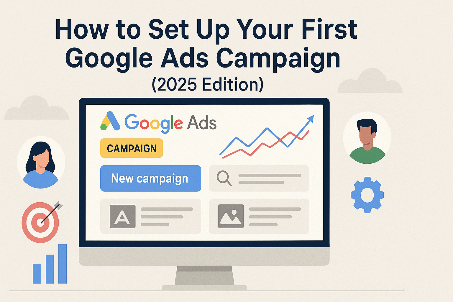 Illustration showing how to set up your first Google Ads campaign in 2025, featuring a computer screen with Google Ads elements like graphs, user icons, and campaign tools, along with bold header text on a light background.
