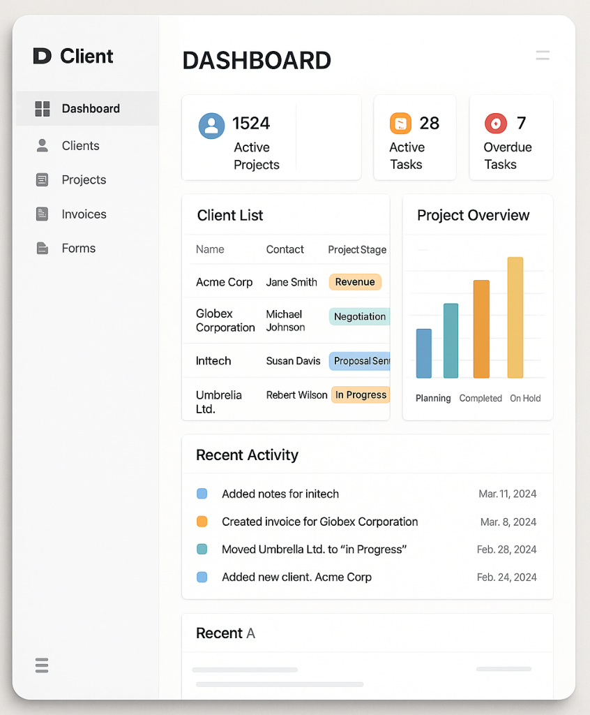Clean and modern no-code CRM dashboard interface with client list, project overview chart, recent activity log, and sidebar navigation showing clients, projects, invoices, and forms.