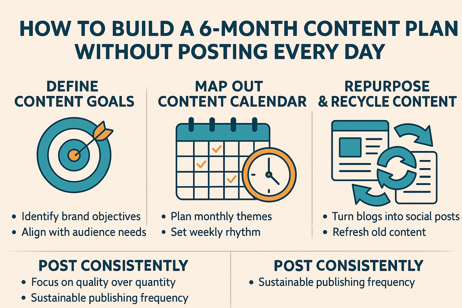 Infographic on how to build a 6-month content plan without posting every day, showing four steps: define content goals with brand objectives and audience needs, map out a content calendar with monthly themes and weekly rhythm, repurpose and recycle content by turning blogs into social posts and refreshing old articles, and post consistently with a sustainable publishing frequency focusing on quality over quantity.
