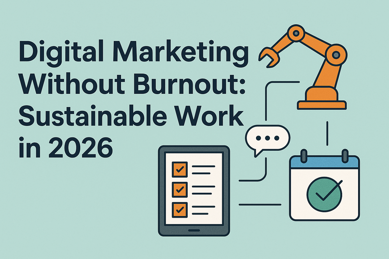 Flat design illustration showing a robotic arm, a digital checklist on a tablet, a calendar with a checkmark, and message icons connected by lines, representing automation and balanced workflows in digital marketing without burnout for 2026.