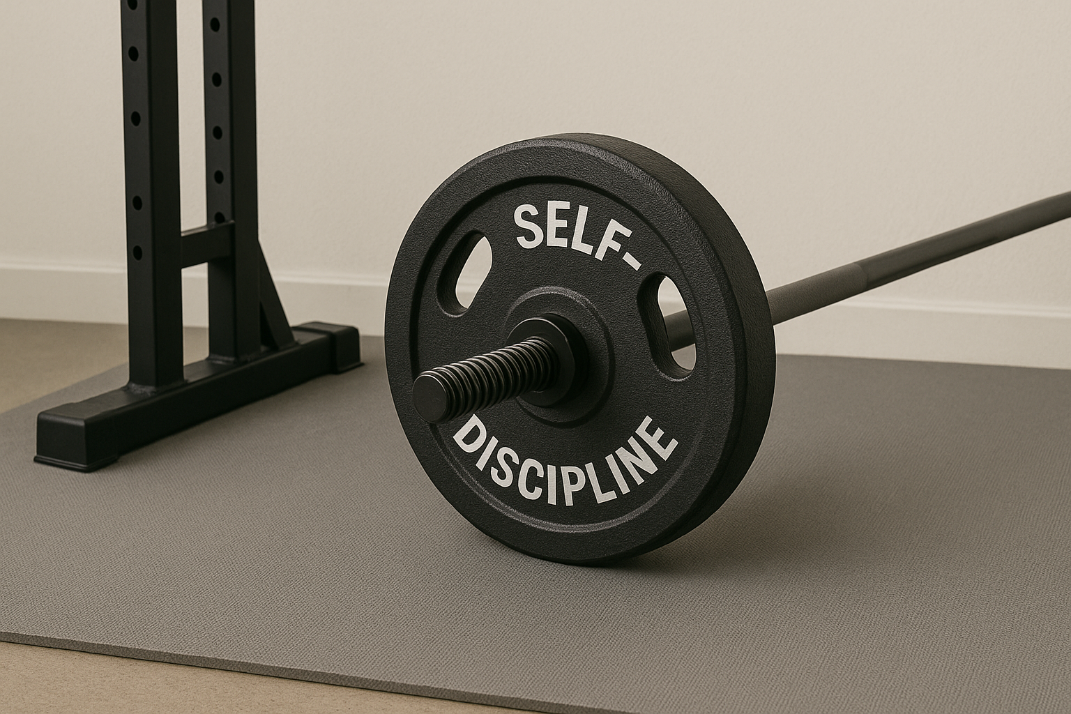 A minimalist gym scene showing a close-up of a barbell resting on a gray mat beside a squat rack. The black weight plate attached to the barbell features the words “SELF-DISCIPLINE” in bold white letters, symbolizing mental strength and focus. The background includes a soft beige wall and neutral lighting, emphasizing calm and balance.