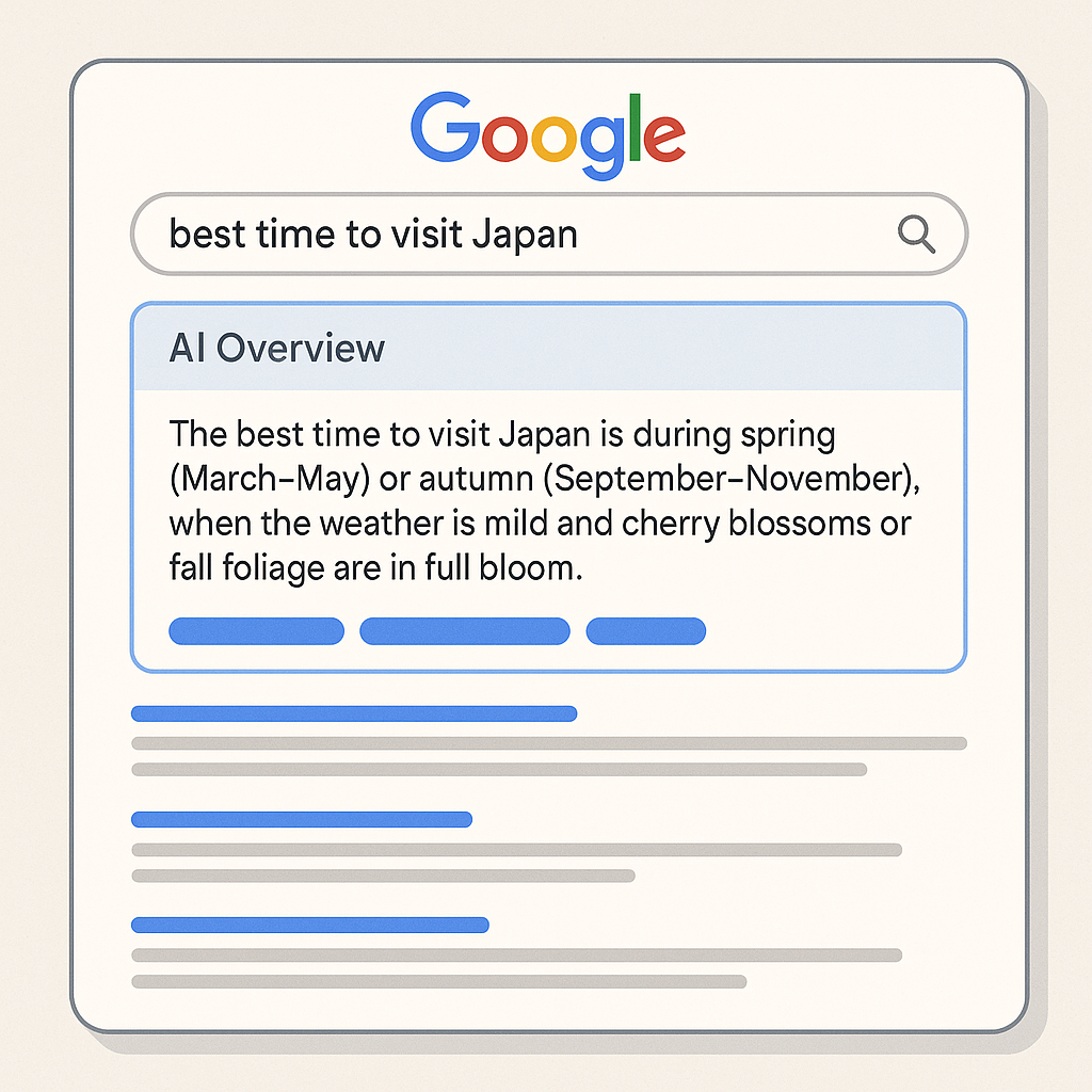 A clean, modern illustration of Google’s Search Generative Experience (SGE) showing an AI-generated summary for “best time to visit Japan” above traditional search results, visually representing how Google’s AI Overviews reshape search with concise, trustworthy insights.