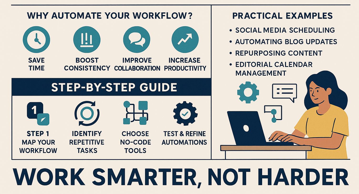 Infographic explaining how to automate your content workflow without writing code. It highlights benefits like saving time, boosting consistency, improving collaboration, and increasing productivity. Includes a step-by-step guide with mapping workflows, identifying repetitive tasks, choosing no-code tools, and testing automations, along with practical examples such as social media scheduling, blog updates, repurposing content, and editorial calendar management.
