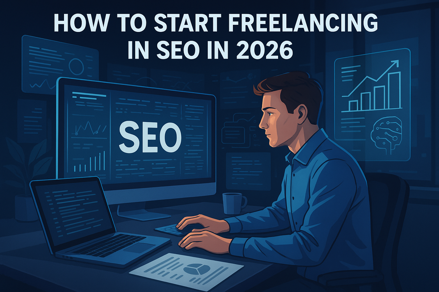A young SEO freelancer in a futuristic 2026 home office works intently on a computer surrounded by holographic screens displaying SEO analytics, charts, and code, symbolizing modern digital marketing and remote freelancing.