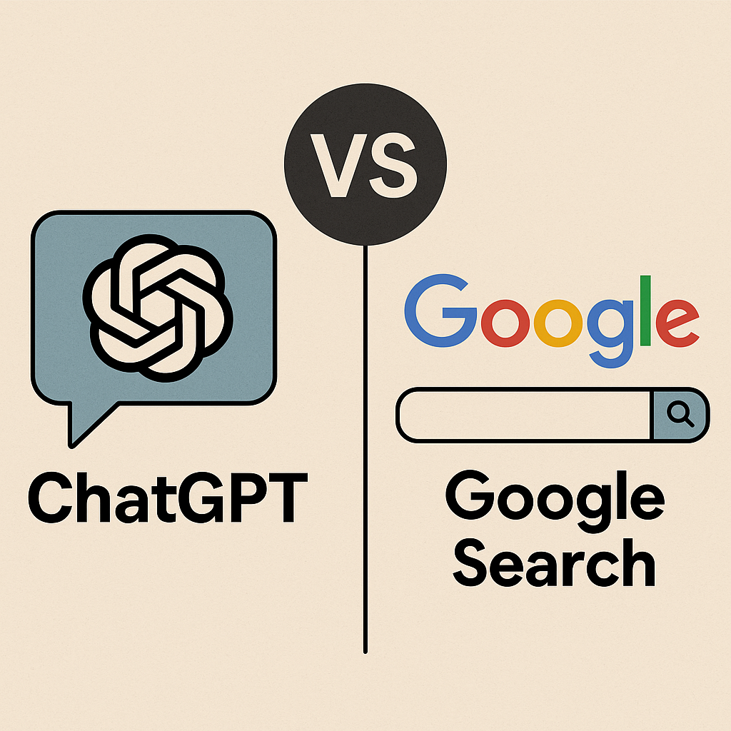 A minimalist digital illustration compares ChatGPT and Google Search side by side. On the left, a teal speech bubble with the ChatGPT logo represents ChatGPT, while on the right, Google’s colorful logo appears above a classic search bar. A bold “VS” circle in the center divides the two, all set against a beige background.