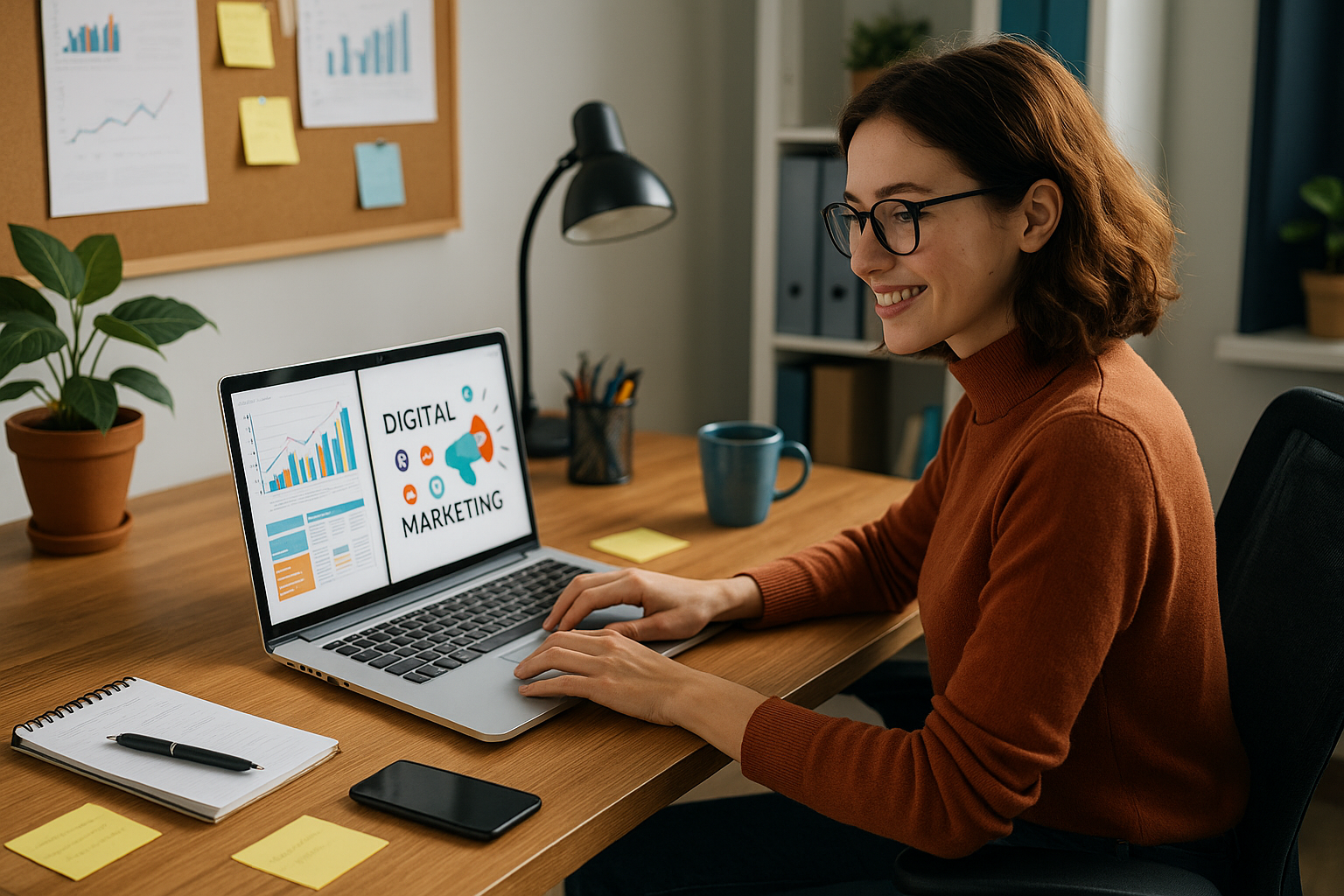 A young woman with short brown hair and glasses works at her home office desk, smiling as she types on a silver laptop displaying digital marketing charts and analytics. The workspace includes a notebook, smartphone, coffee mug, sticky notes, and a potted plant, with a corkboard and bookshelf in the background.