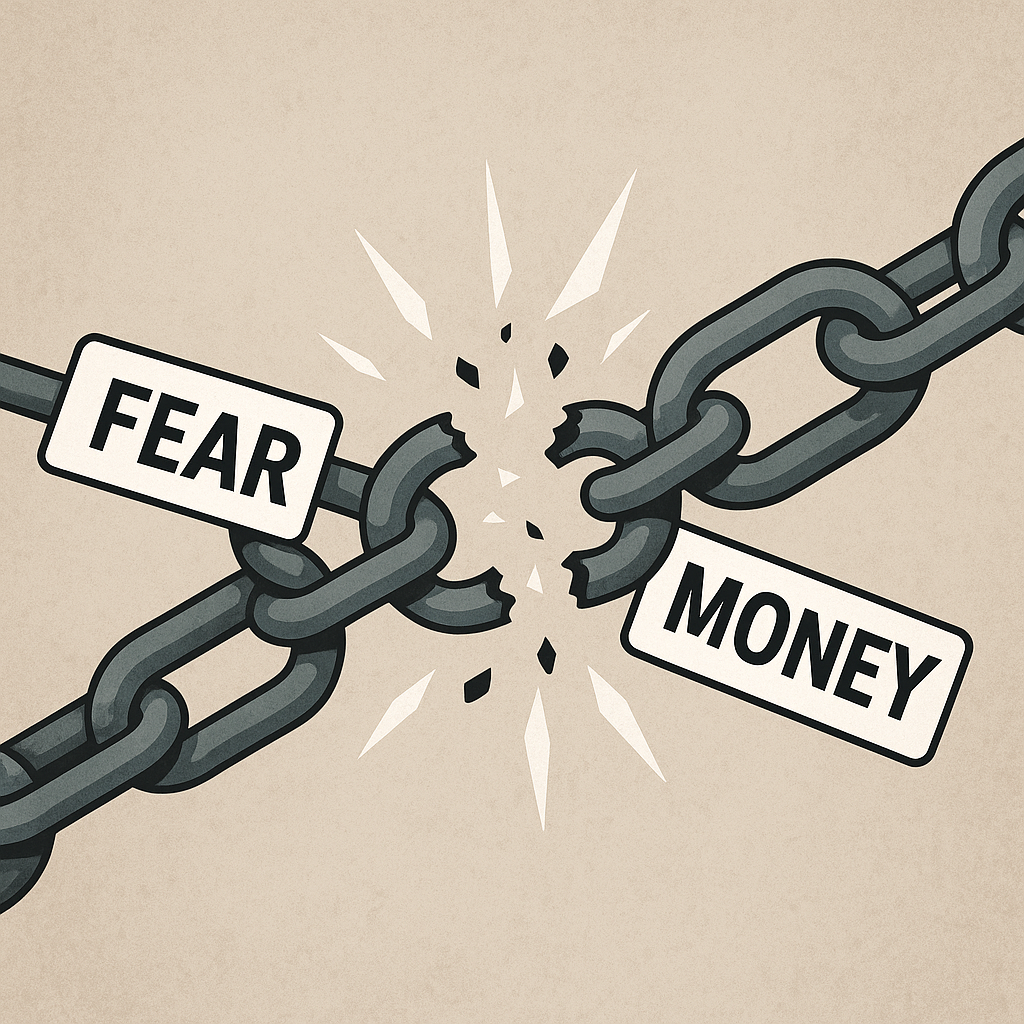 A digital illustration showing two heavy metal chains labeled “FEAR” and “MONEY” snapping apart in the center, with shards and sparks flying outward, symbolizing breaking free from limiting beliefs about money and fear.