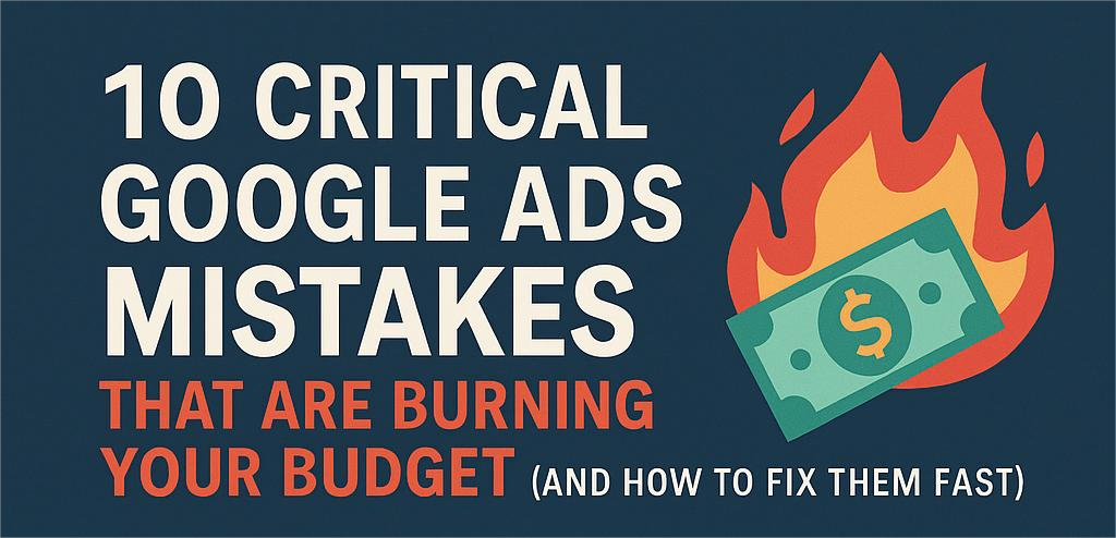 Illustration featuring the title “10 Critical Google Ads Mistakes That Are Burning Your Budget (and How to Fix Them Fast)” in bold lettering. To the right of the text, there is a stylized image of a dollar bill on fire, symbolizing wasted advertising spend. The background is dark blue, and the overall design conveys urgency and financial loss.