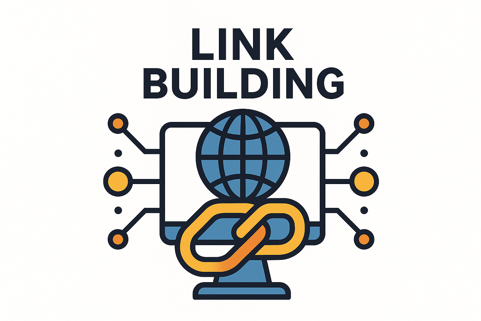 Illustration of link building with a globe, computer monitor, and connected chain icon representing SEO backlinks.
