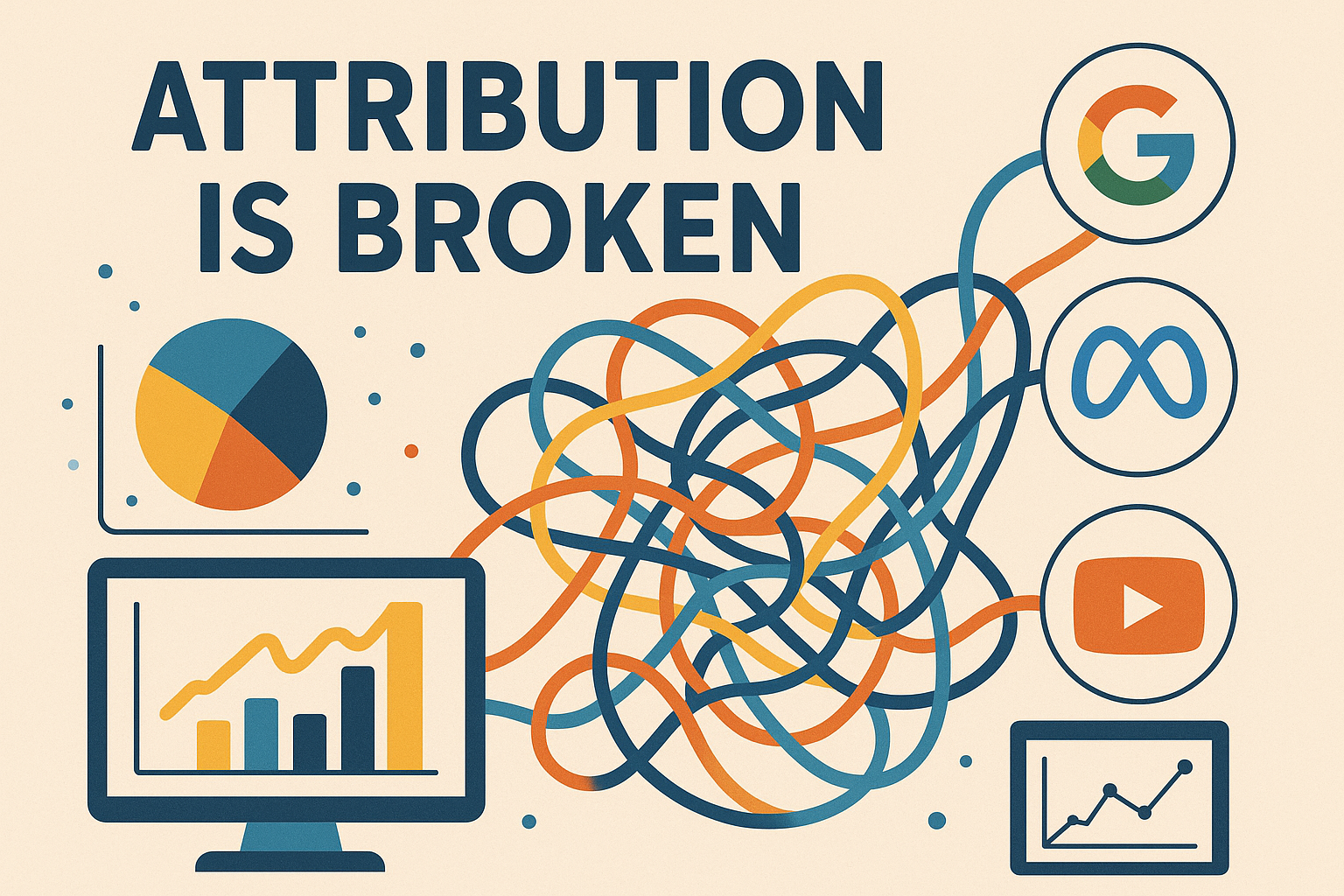 A modern flat-style digital illustration showing the chaos of marketing attribution. The phrase “Attribution Is Broken” appears at the top, while tangled colorful lines connect various platform icons, Google, Meta, YouTube, and Email, to multiple data charts and graphs on computer screens, symbolizing the confusion of tracking and measuring multi-channel marketing impact.