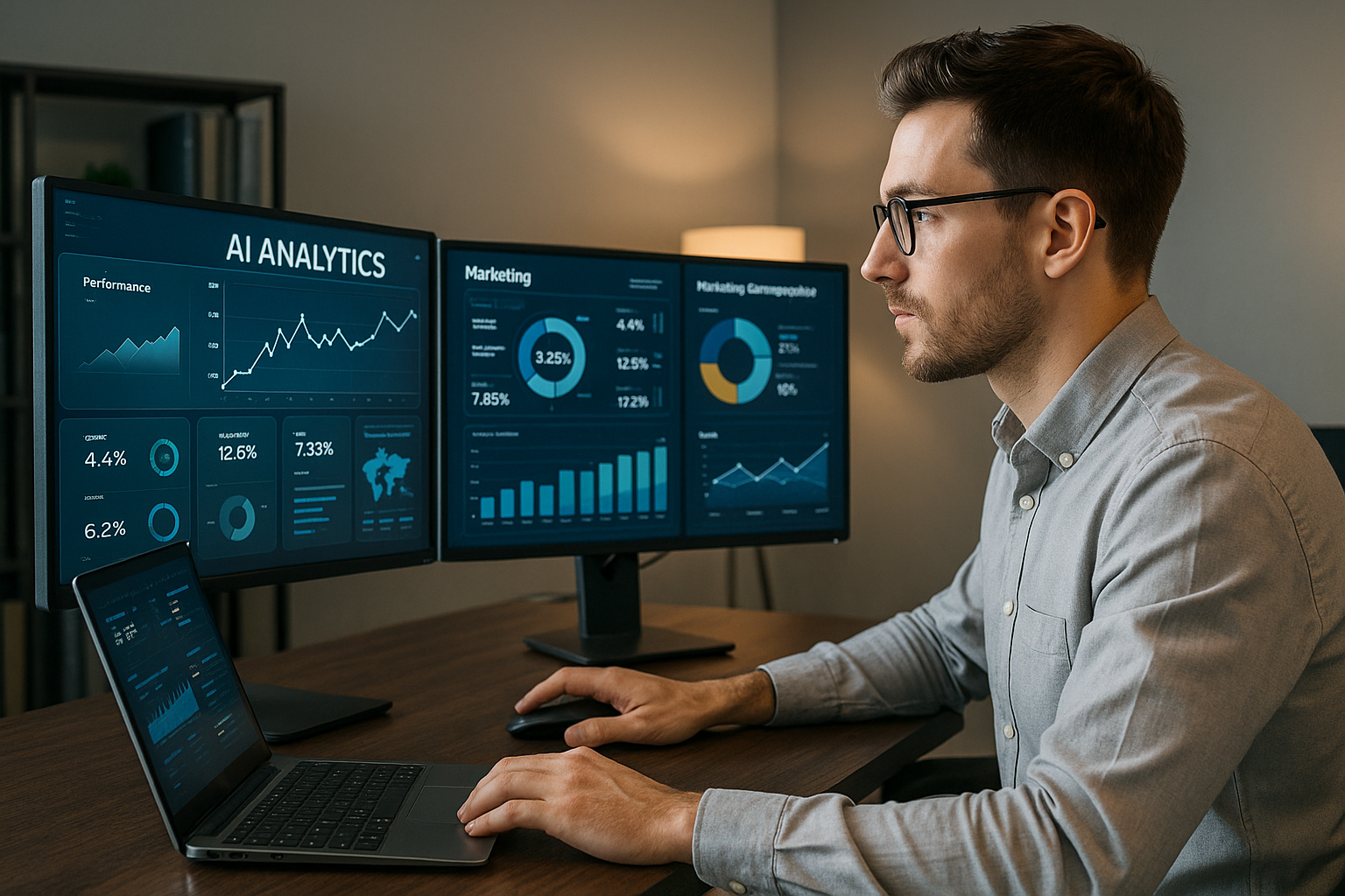 A young man with short dark brown hair, a beard, and glasses works intently at his desk in a modern office. He analyzes AI marketing data displayed across three large computer monitors showing performance charts, analytics graphs, and marketing metrics. The workspace features a neutral color palette with warm lighting, creating a professional and focused atmosphere.