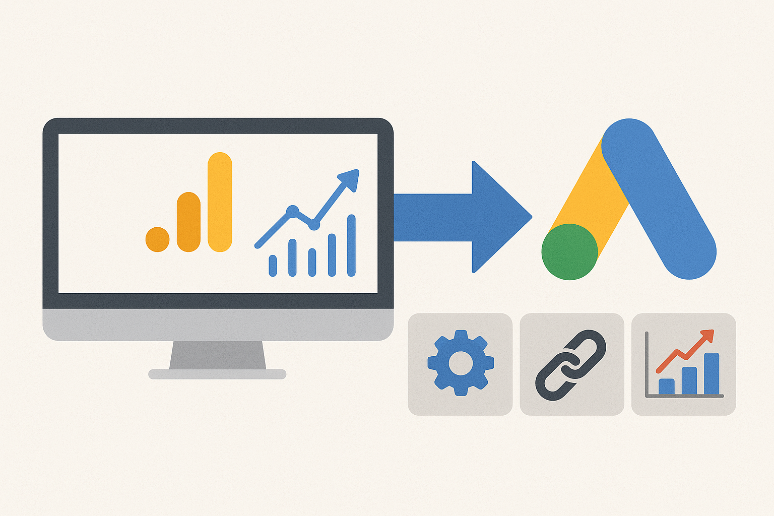 A horizontal flat-style illustration showing the integration between Google Analytics 4 (GA4) and Google Ads. On the left, a computer monitor displays the GA4 logo and a rising analytics graph. A blue arrow points right toward the Google Ads logo, symbolizing data flow. Below are three icons—a gear, chain link, and bar chart—representing setup, linking, and conversion tracking.