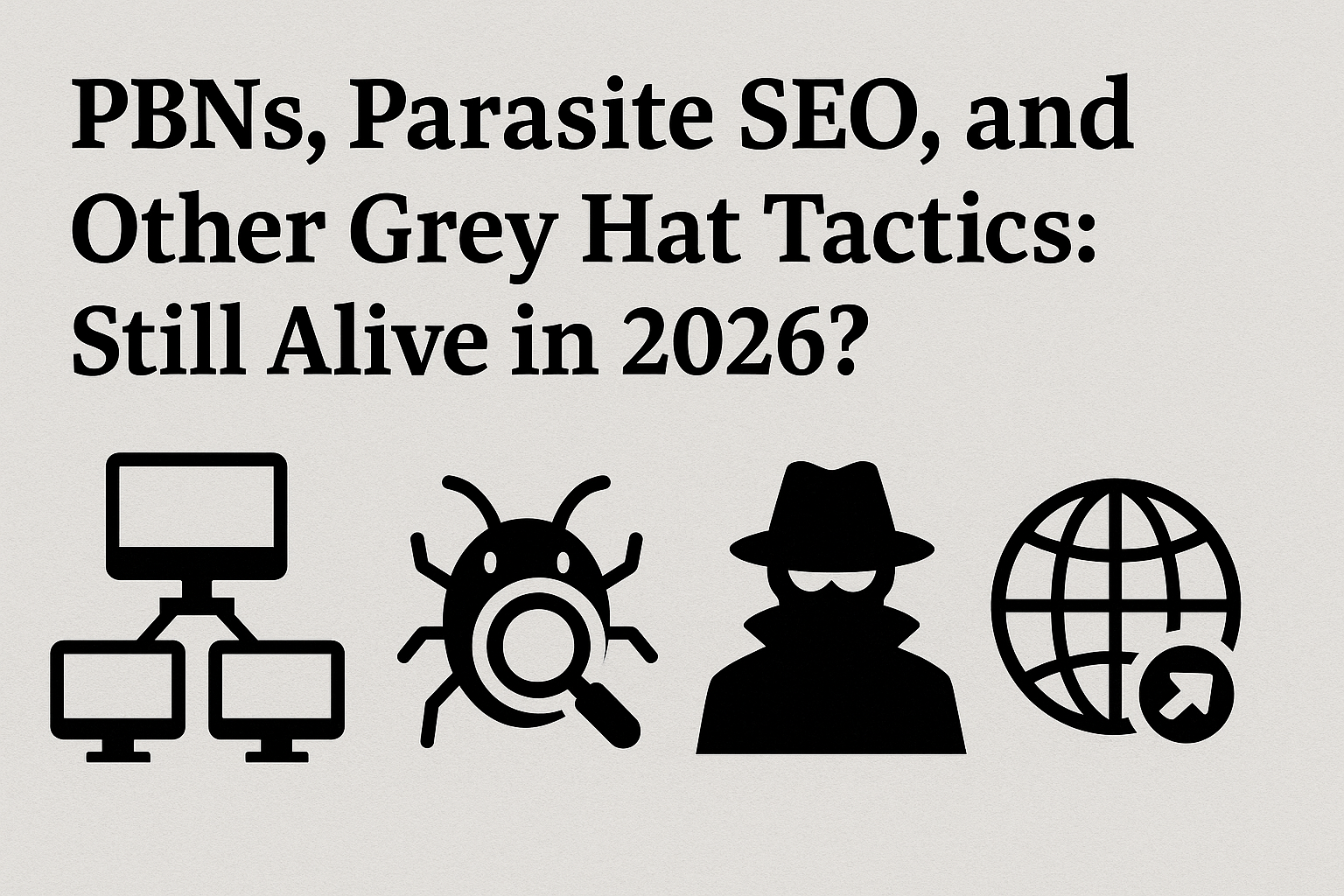 Header image showing the title ‘PBNs, Parasite SEO, and Other Grey Hat Tactics: Still Alive in 2026?’ with icons representing PBN networks, parasite SEO bugs, a cloaked figure for grey hat tactics, and a global redirect symbol on a light gray background.