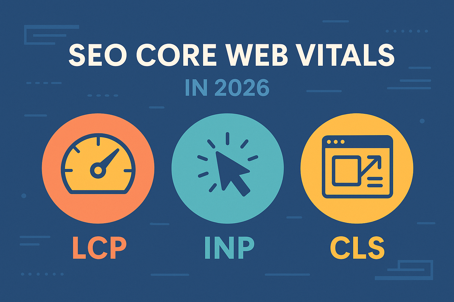 Infographic titled ‘SEO Core Web Vitals in 2026’ displaying three circular icons representing LCP, INP, and CLS. The LCP icon shows a speedometer, the INP icon features a clicking cursor, and the CLS icon displays a webpage layout with a shifting element. All icons are set against a dark blue background with subtle graphic accents.