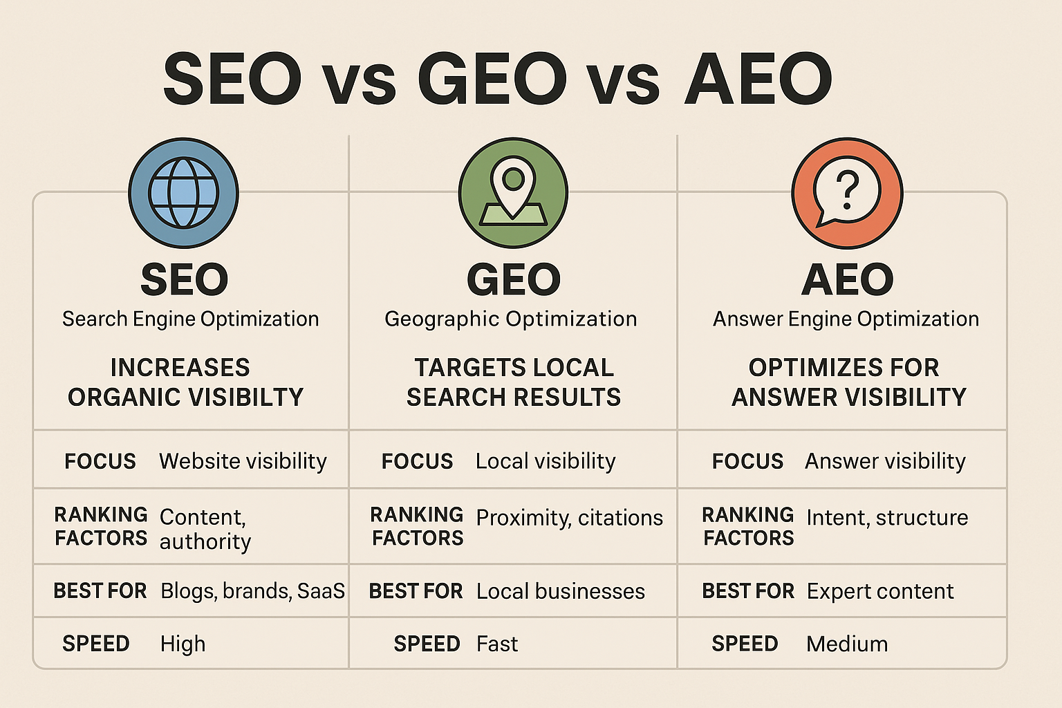 Horizontal infographic comparing SEO, GEO, and AEO. Each column includes an icon and key details. The SEO column shows a globe icon and explains that SEO increases organic visibility, focuses on website visibility, ranks through content and authority, works best for blogs and brands, and has high speed. The GEO column shows a location pin icon, describing that GEO targets local search results, focuses on local visibility, ranks through proximity and citations, works best for local businesses, and is fast. The AEO column shows a question mark icon, stating that AEO optimizes for answer visibility, focuses on short direct answers, ranks through intent and structured data, works best for expert content, and has medium speed.