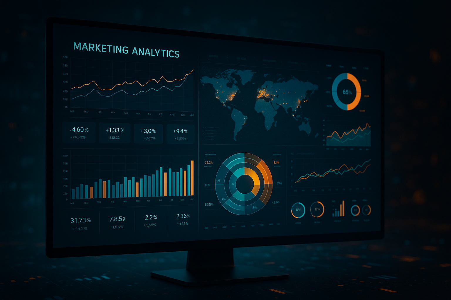 A futuristic digital marketing analytics dashboard displayed on a large computer monitor, showing various charts, graphs, and data visualizations. The screen features a glowing dark interface with blue and orange accents, including a world map with activity markers, bar charts, line graphs, and circular analytics diagrams — symbolizing modern data-driven marketing intelligence.