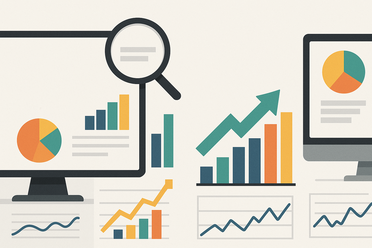 A minimalist, flat-style infographic showing various data visuals representing Google Ads performance metrics. The design features pie charts, bar graphs, and line graphs in vibrant colors like orange, teal, blue, and yellow. Two computer monitors display analytical visuals, while a magnifying glass hovers over one chart, symbolizing data analysis and metric evaluation. The layout is clean and balanced, emphasizing growth, performance tracking, and insights beyond click-based metrics.