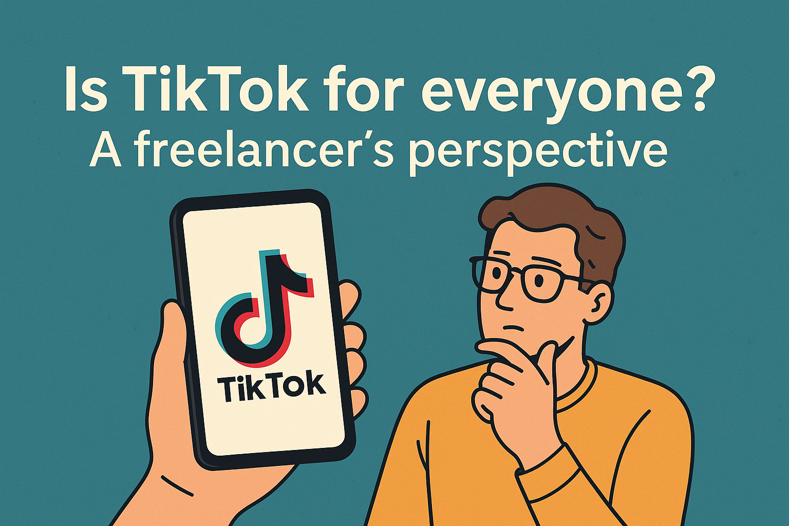 Illustration of a freelancer thinking while looking at a smartphone displaying the TikTok logo, with the blog title ‘Is TikTok for everyone? A freelancer’s perspective’ shown on a teal background.