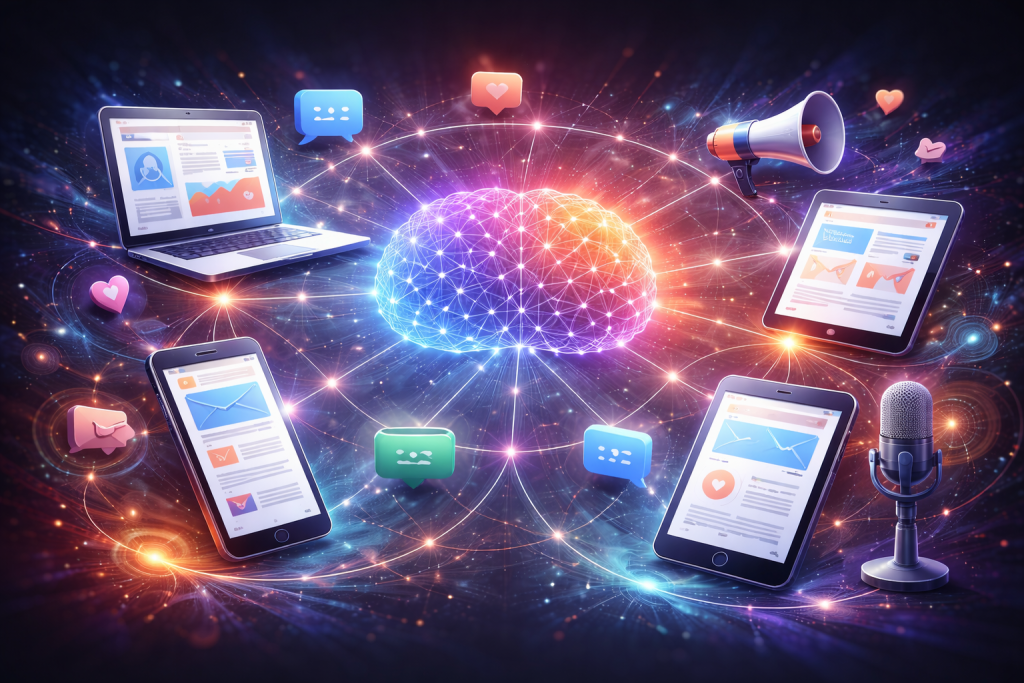 Visual representation of a CHATA-driven brand system, with a central networked brain connecting multiple digital channels to symbolize coherence, trust, and consistency in brand storytelling.