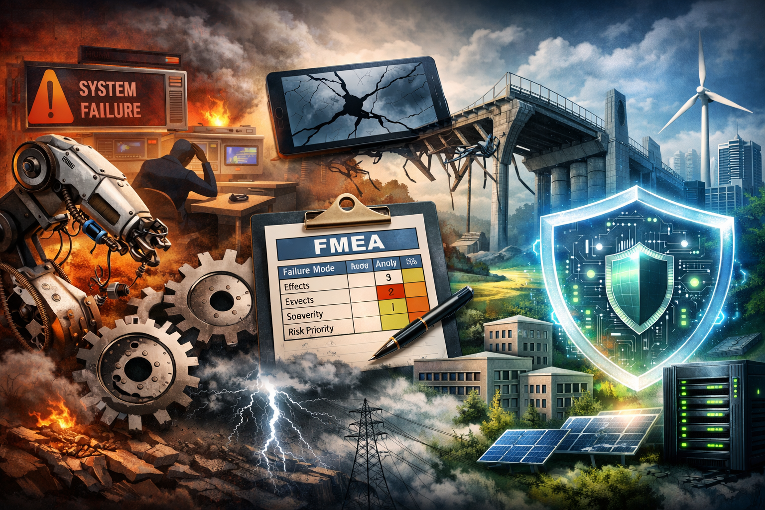 Illustration showing system failures transitioning into resilient design, featuring broken infrastructure, malfunctioning technology, an FMEA analysis clipboard, and a secure, shielded system representing failure-aware engineering