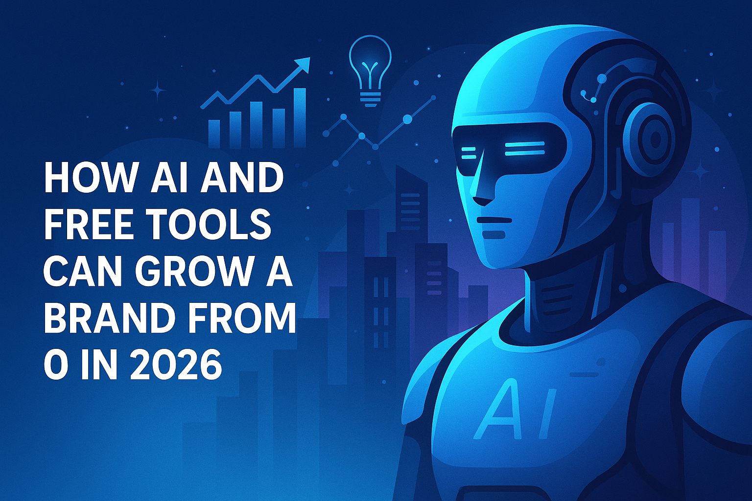 Futuristic blue-toned illustration of an AI robot standing beside growth charts, graphs, and a glowing lightbulb, with the blog title “How AI and free tools can grow a brand from 0 in 2026” displayed on the left side.