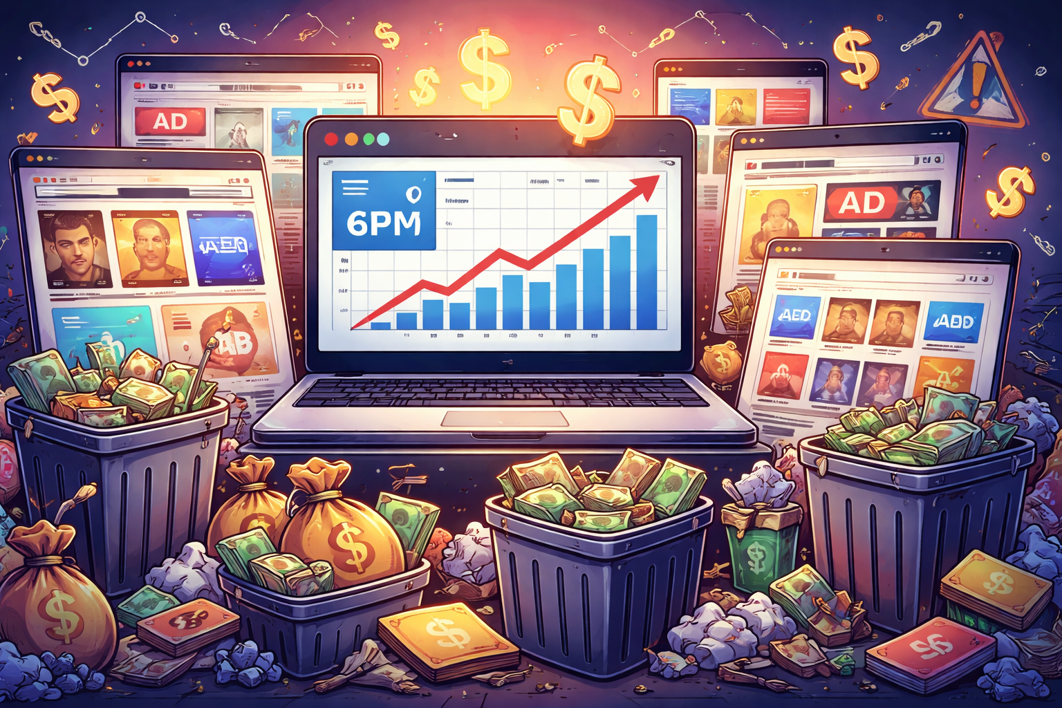 Illustration of a laptop showing rising CPM data surrounded by low-quality ad-heavy websites, trash bins filled with money, and dollar symbols, symbolizing programmatic agencies overpricing low-quality advertising inventory.