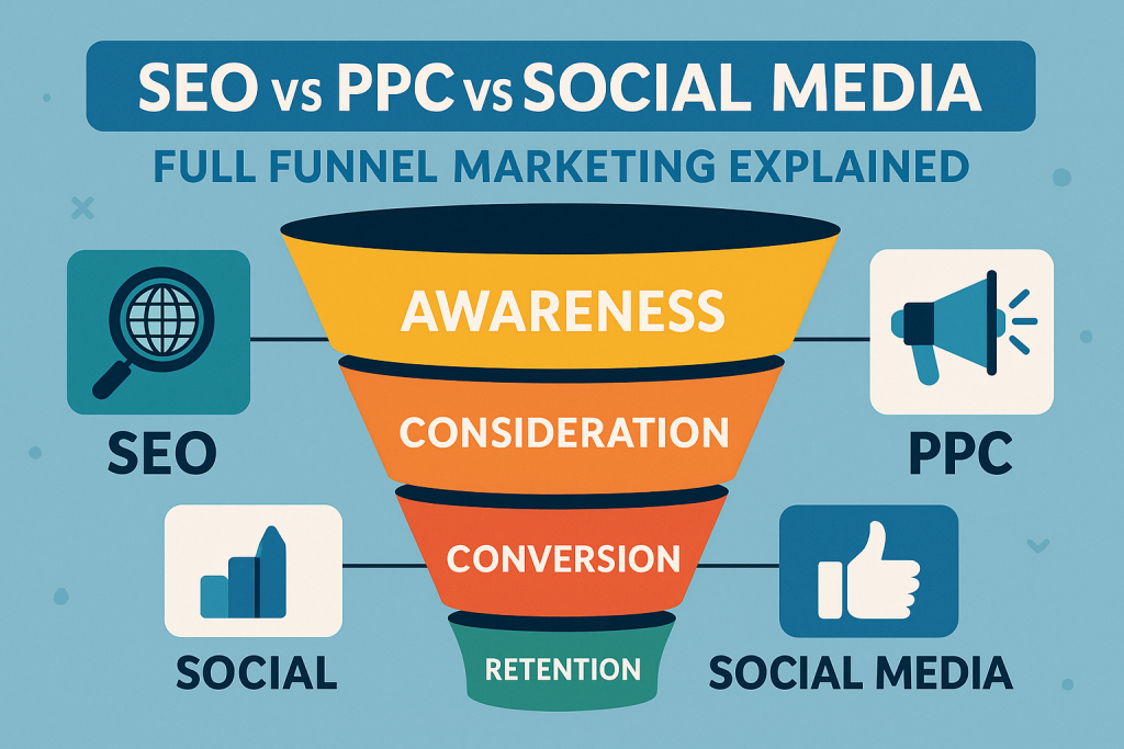 A horizontal digital infographic illustrating the full marketing funnel, Awareness, Consideration, Conversion, and Retention, with icons representing SEO, PPC, and Social media on each side, showcasing how all three channels contribute to a complete full-funnel marketing strategy.