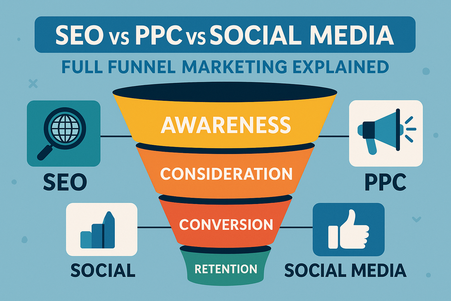 A horizontal digital infographic illustrating the full marketing funnel, Awareness, Consideration, Conversion, and Retention, with icons representing SEO, PPC, and Social media on each side, showcasing how all three channels contribute to a complete full-funnel marketing strategy.