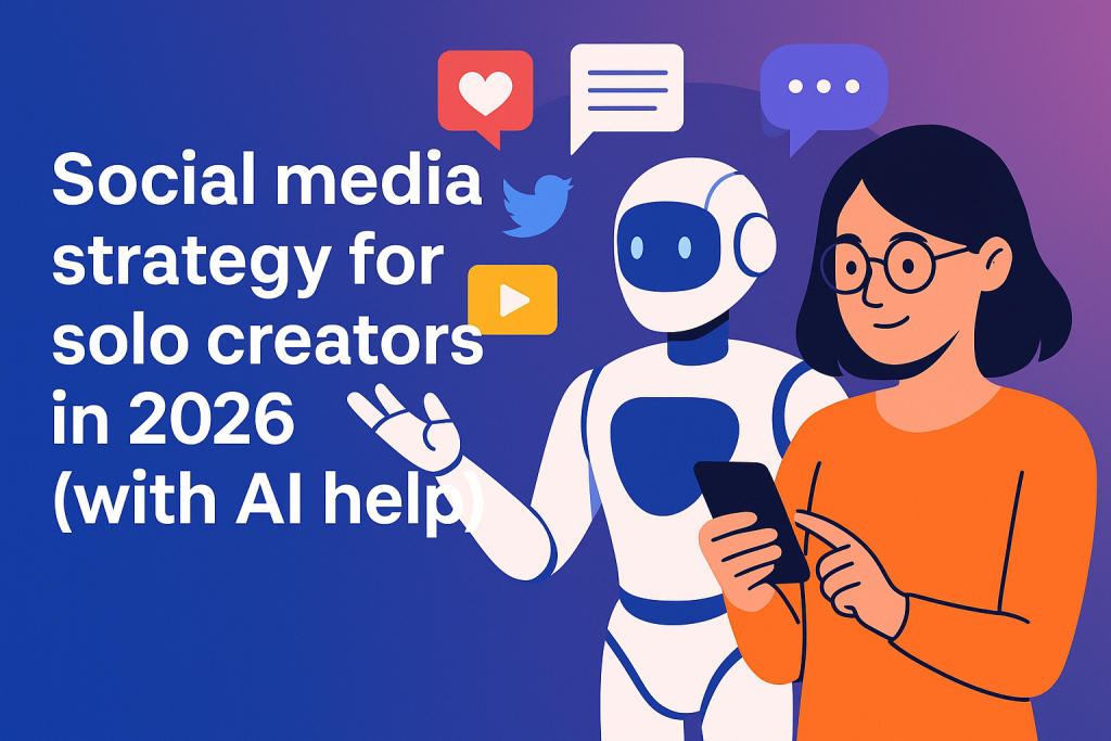 A digital illustration showing a solo creator holding a smartphone while an AI robot stands beside her. Social media icons like hearts, chat bubbles, and platform symbols float above them, with the blog title “Social media strategy for solo creators in 2026 (with AI help)” displayed on a blue and purple gradient background.