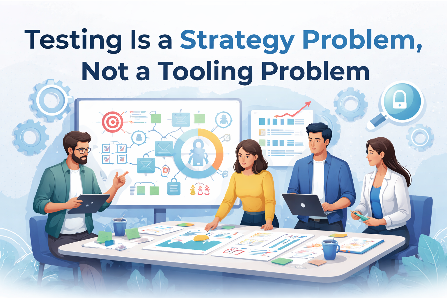 Illustration of a software team discussing testing strategy, showing that testing is a strategy problem rather than a tooling problem.