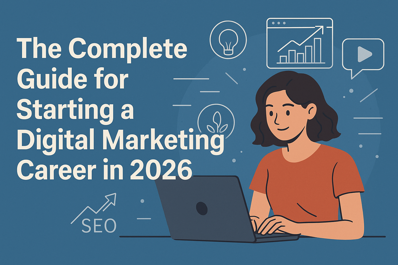A flat-style digital illustration showing a young woman working on a laptop, surrounded by digital marketing icons such as graphs, a lightbulb, SEO symbols, and video icons. The left side displays the title “The Complete Guide for Starting a Digital Marketing Career in 2026” on a blue background.