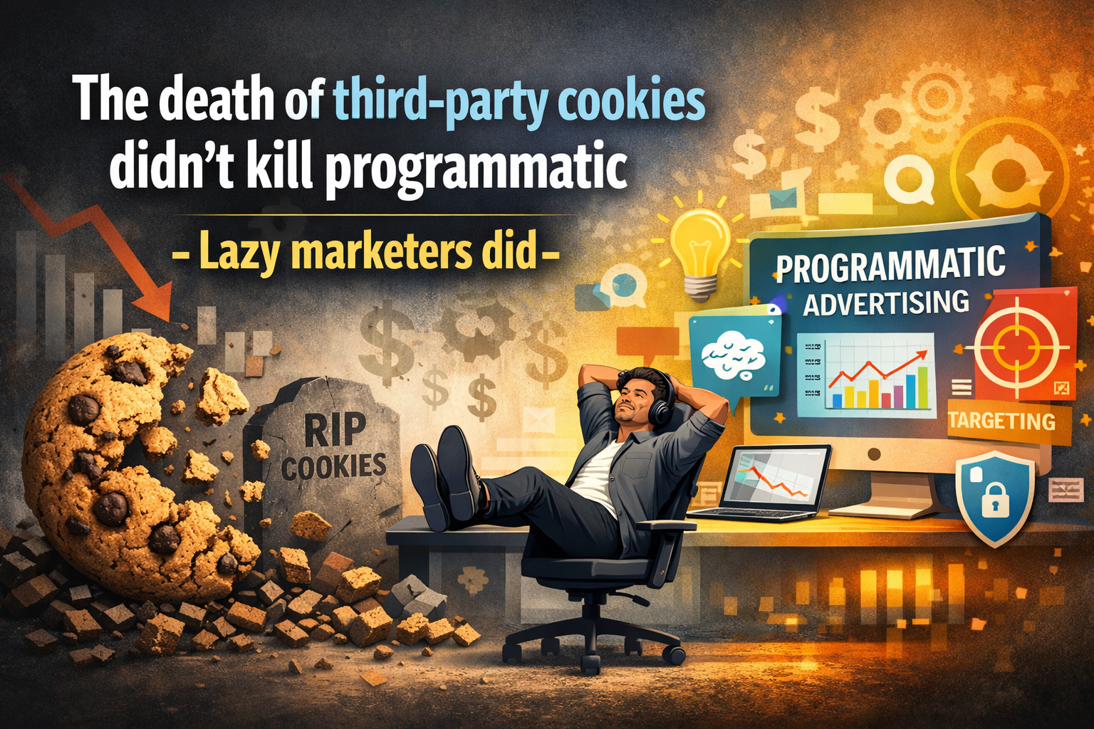 Illustration showing the death of third-party cookies with a crumbling cookie gravestone, a lazy marketer relaxing at a desk, and programmatic advertising dashboards symbolizing growth and innovation.