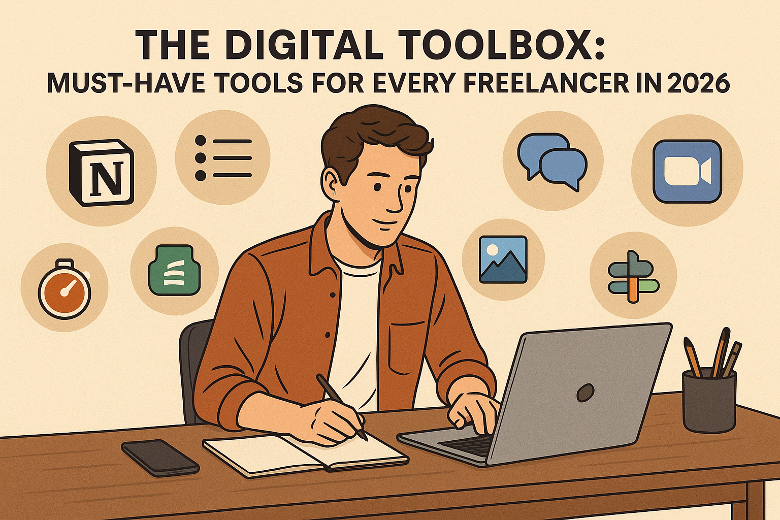 A digital illustration of a young freelancer sitting at a desk, working on a laptop while writing in a notebook. Surrounding him are icons representing essential digital tools such as Notion, task management apps, messaging platforms, Zoom, time-tracking apps, design tools, and Slack. The background is beige with a clean, modern layout, emphasizing the concept of a digital toolbox for freelancers in 2026.