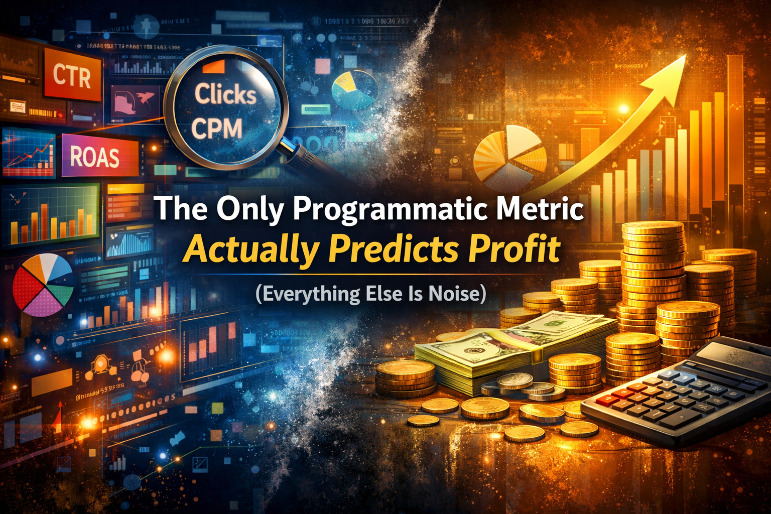 Programmatic advertising cover image showing noisy metrics like CTR, CPM, and ROAS contrasted with profit growth, contribution margin, and rising revenue graph.