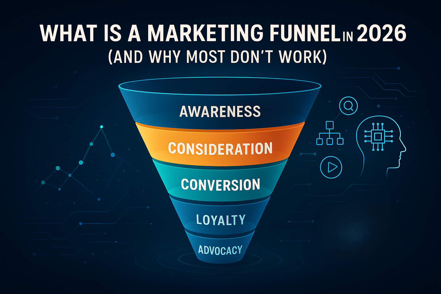 A futuristic horizontal infographic showing the 2026 marketing funnel with five stages, Awareness, Consideration, Conversion, Loyalty, and Advocacy, displayed inside a glowing 3D funnel against a dark tech-themed background, featuring AI icons and data visualization elements.