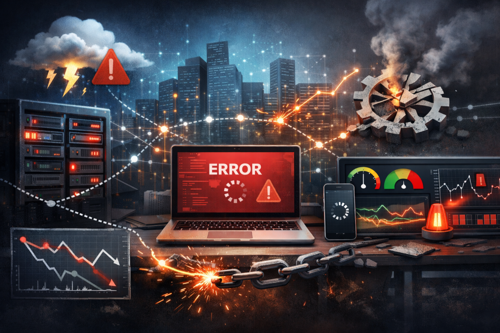 Illustration showing how software quality breaks at scale, with failing servers, error screens, broken system connections, and warning dashboards highlighting testing gaps.