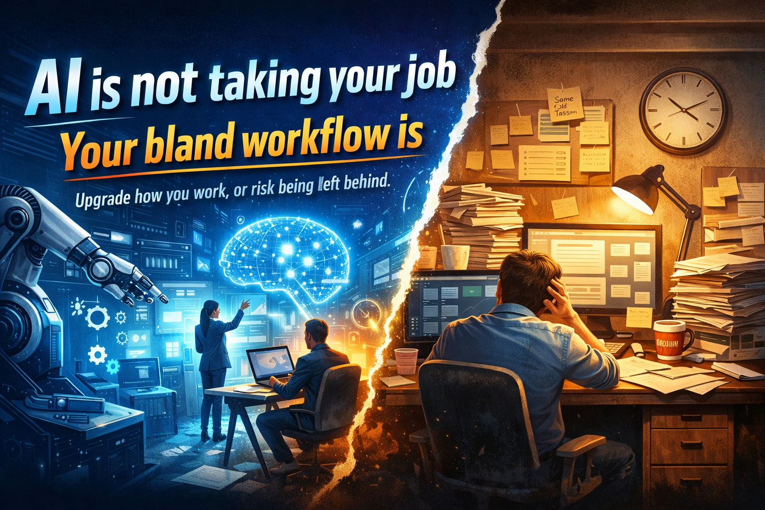 Visual contrast between AI-enhanced productivity and a bland, inefficient workflow causing job insecurity.