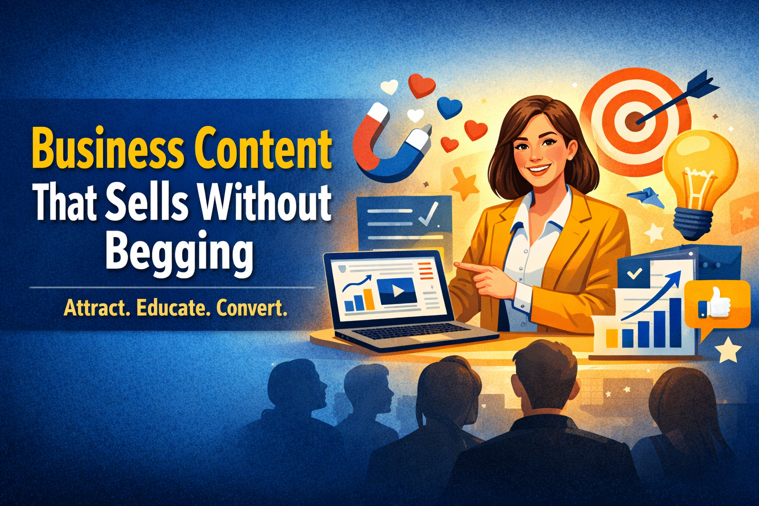 Illustrated horizontal cover image showing a confident businesswoman presenting a laptop, surrounded by growth, marketing, and strategy icons, with the headline “Business Content That Sells Without Begging.”
