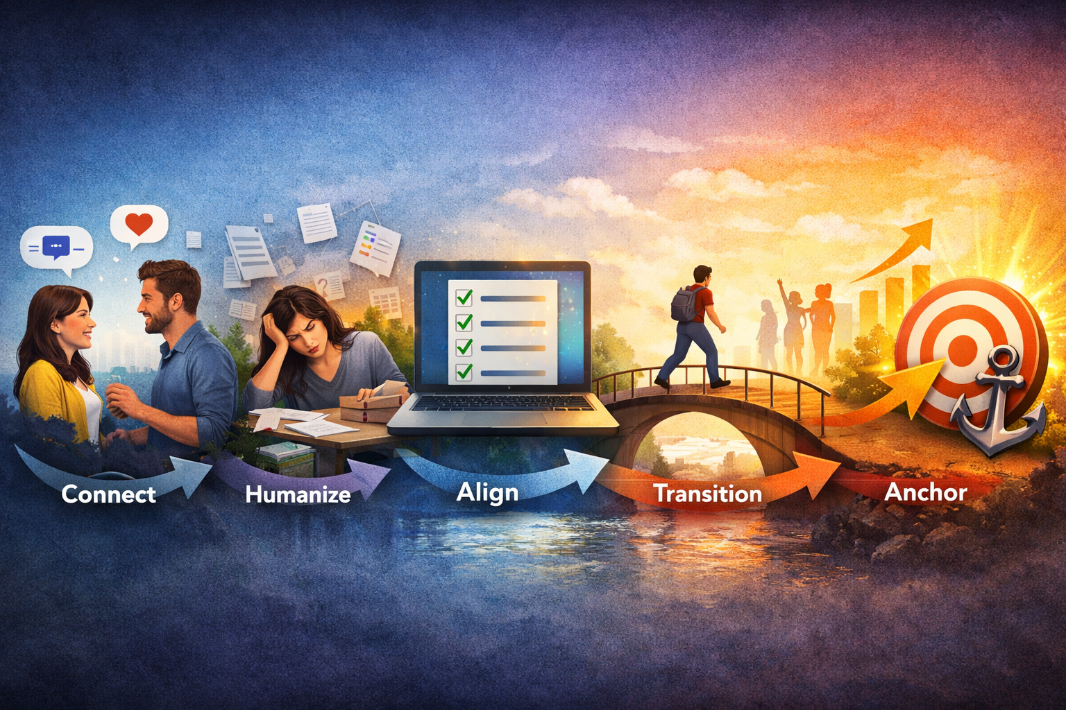 CHATA copywriting model visual showing how copy moves from connection and human emotion to clarity, action, and anchored messaging.