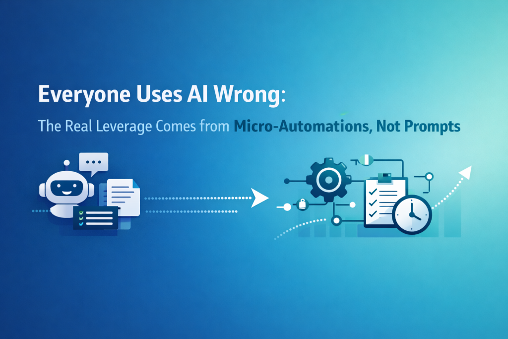 Minimal AI blog cover illustrating the shift from prompt-based AI usage to micro-automations, with a chatbot on the left and automated workflows on the right.