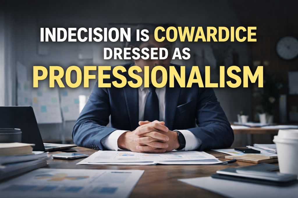 Corporate leadership indecision illustrated by a professional executive at a desk, highlighting how indecision is framed as professionalism in modern organizations.