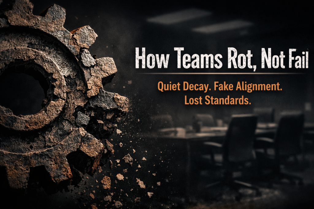 Horizontal blog cover image showing a rusted, crumbling metal gear breaking apart into dust on a dark background, symbolizing slow organizational decay, with bold text reading ‘How Teams Rot, Not Fail’ and ‘Quiet Decay. Fake Alignment. Lost Standards