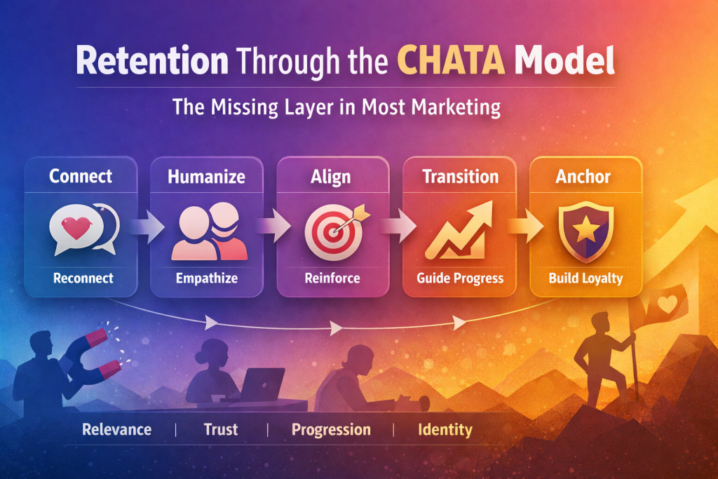 CHATA retention model infographic showing Connect, Humanize, Align, Transition, and Anchor as a human-centric framework for building long-term customer retention in marketing.