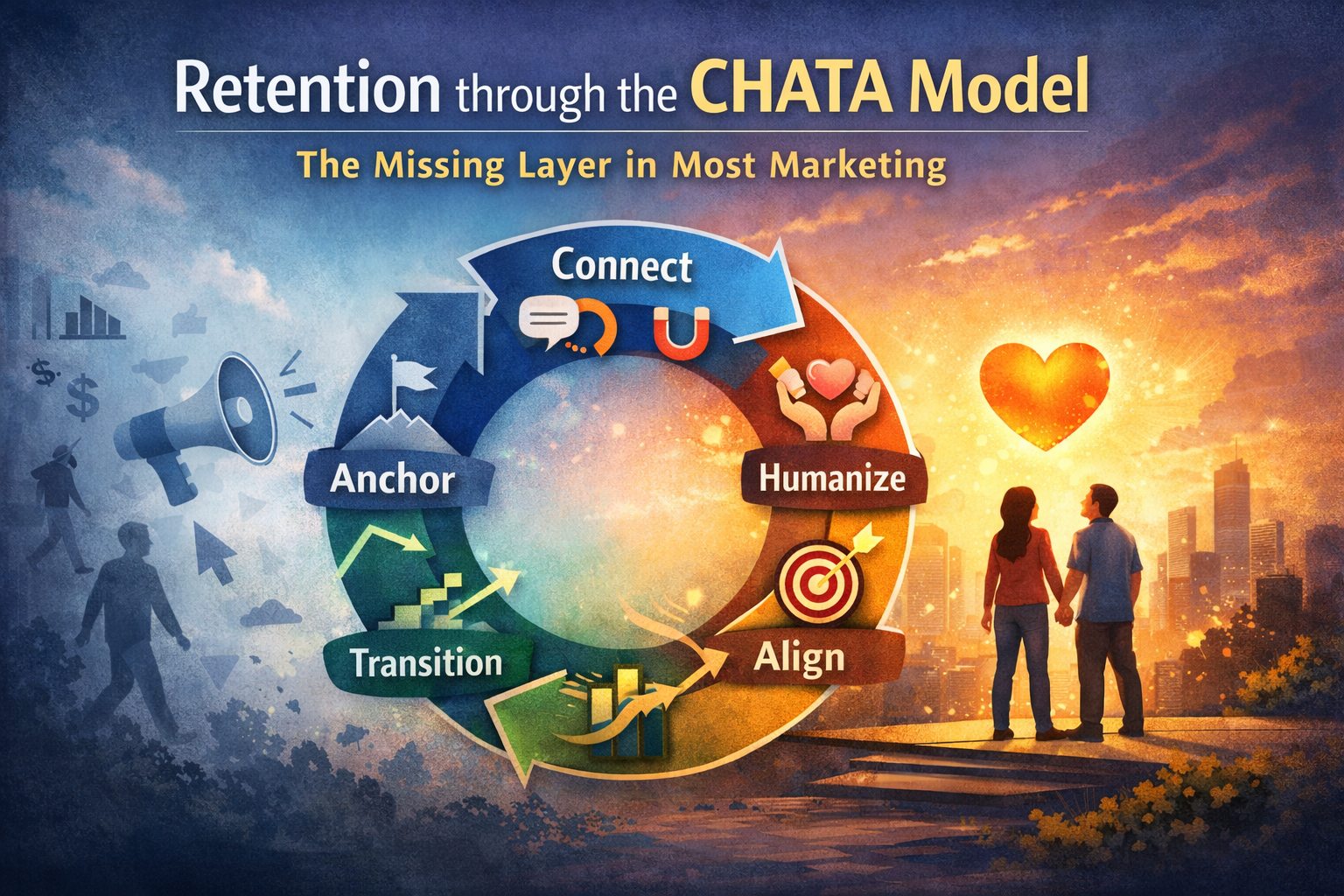 Illustration showing the CHATA model as a circular retention framework: Connect, Humanize, Align, Transition, and Anchor—highlighting how emotional continuity drives long-term customer retention in marketing.