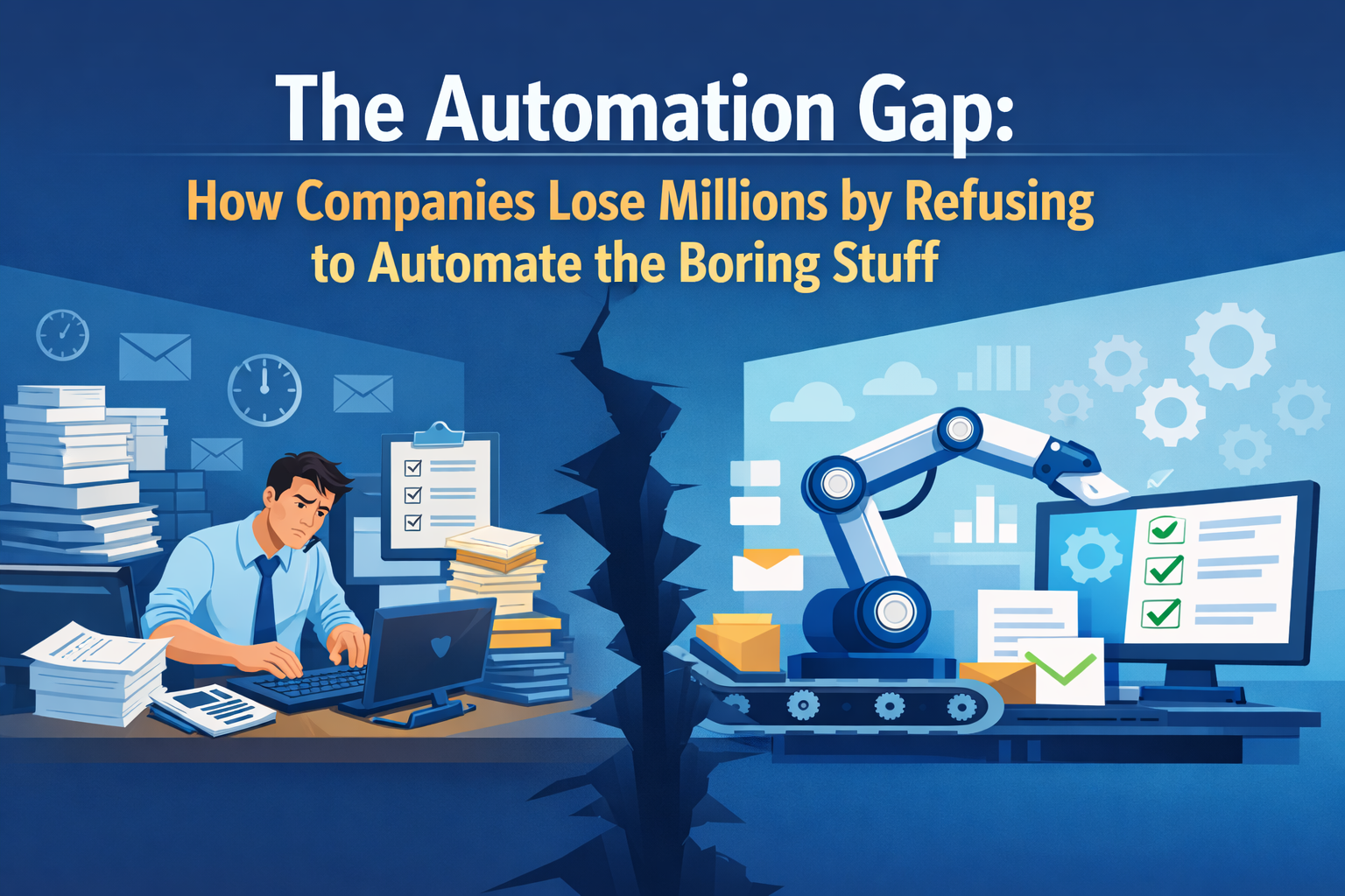 Visual representation of the automation gap, with manual office work causing stress and inefficiency contrasted against automated systems saving time and money.