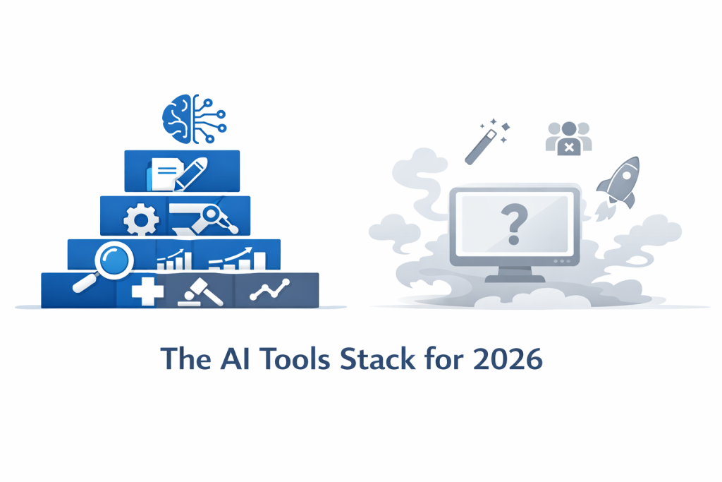 Minimal horizontal image illustrating the AI tools stack for 2026, highlighting valuable AI tools versus overhyped vaporware.