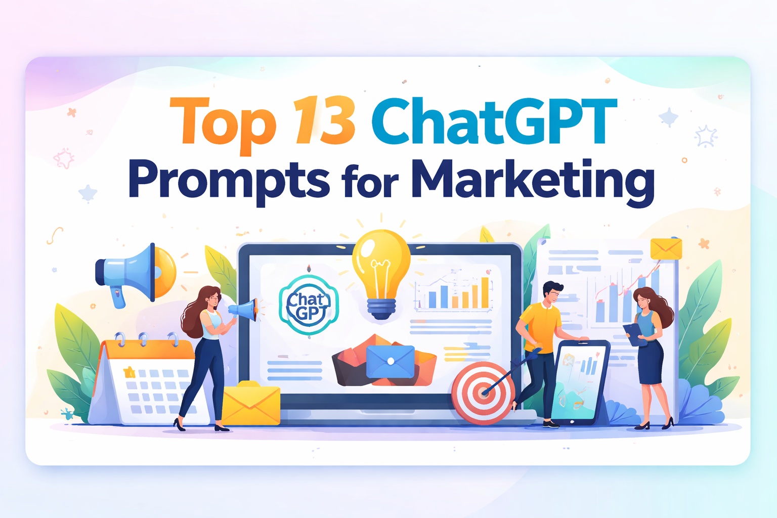 Illustration showing a friendly ChatGPT robot surrounded by marketers using laptops, charts, and megaphones with the title “Top 13 ChatGPT Prompts for Marketing” on a blue background.