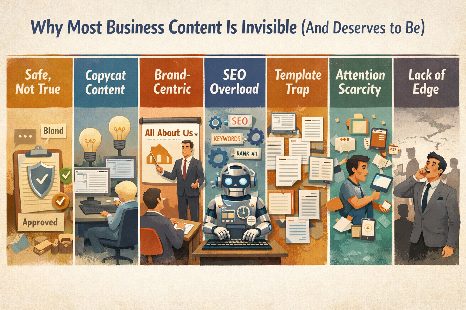 Horizontal infographic explaining why most business content is invisible, highlighting issues like safe messaging, copycat content, brand-centric writing, SEO overload, template-driven marketing, attention scarcity, and lack of originality