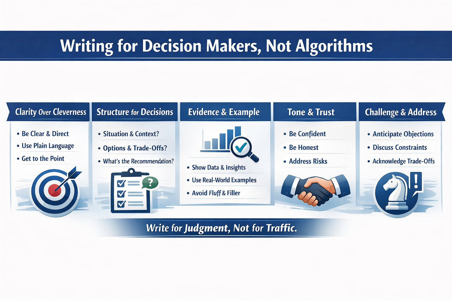 Horizontal infographic titled “Writing for Decision Makers, Not Algorithms.” Five side-by-side sections explain key writing principles for executives. The first section, “Clarity Over Cleverness,” emphasizes being clear, direct, and using plain language. The second, “Structure for Decisions,” highlights context, options, trade-offs, and recommendations. The third, “Evidence and Example,” focuses on data, insights, and real-world examples while avoiding filler. The fourth, “Tone and Trust,” stresses confidence, honesty, and addressing risks. The fifth, “Challenge and Address,” encourages anticipating objections, discussing constraints, and acknowledging trade-offs. A footer reads, “Write for Judgment, Not for Traffic.